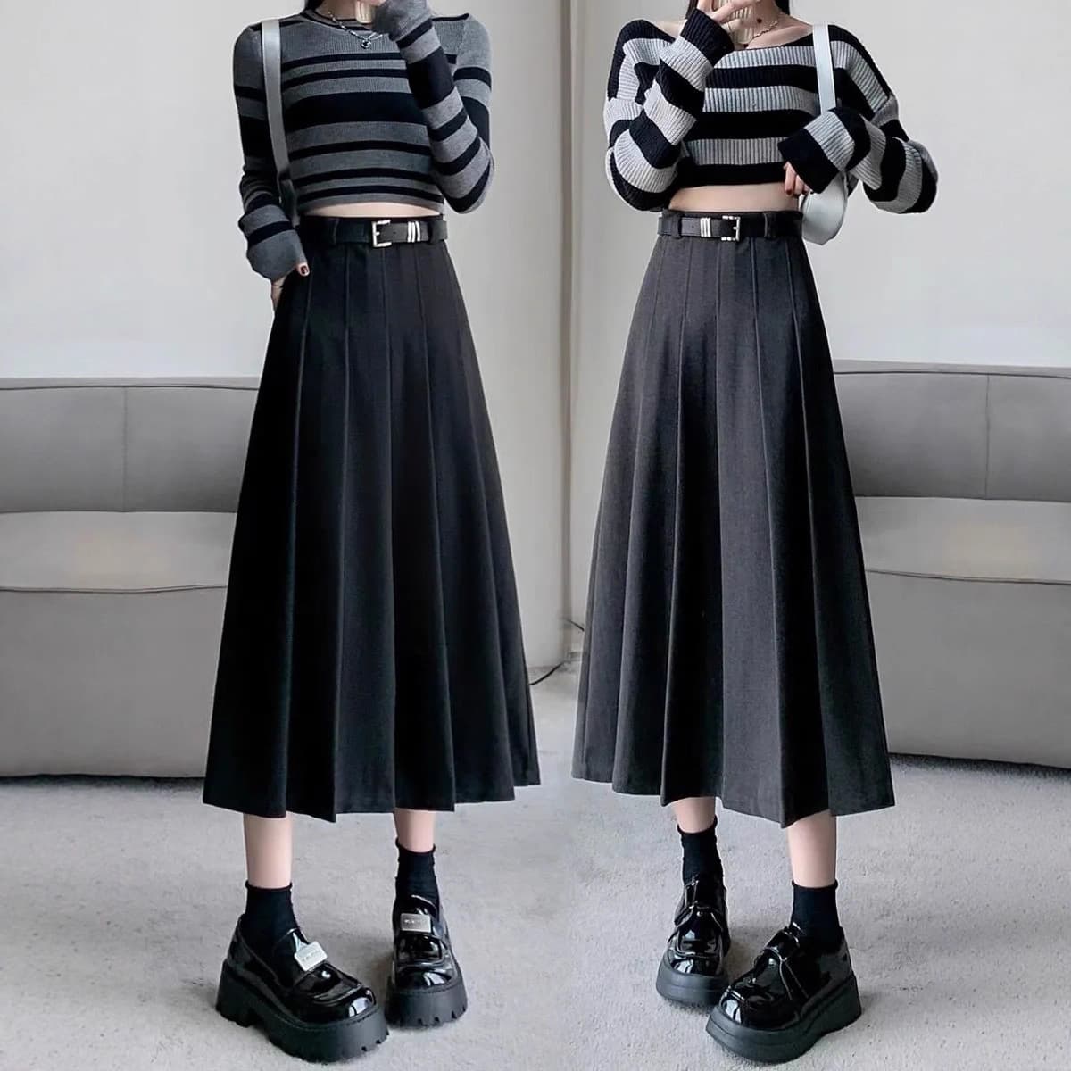 Wool Black Pleated Skirt Women Long Skirt Autumn Winter 2025 New High Waist Slimming A-Line Skirt Petite Half Skirt
