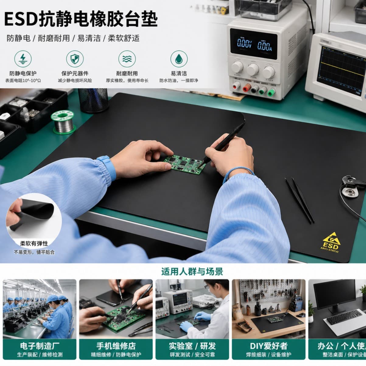 Factory Direct Anti-Static Rubber Mat Green ESD Table Mat Wear-Resistant Acid-Alkali Resistant Workshop Anti-Static Rubber Sheet