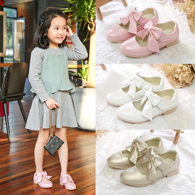 Spring Autumn 2025 Girls' Shoes Butterfly Knot Medium Large Children's High Heels Princess Shoes Ultra-Leather Rubber Low Heel