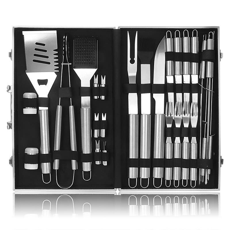 Amazon Stainless Steel Outdoor BBQ Tools Cloth Bag BBQ Tongs Spatula Fork Skewers Aluminum Box Free Combination Set
