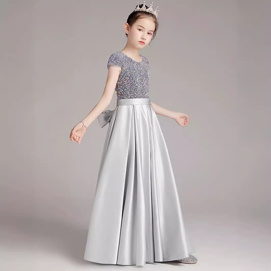 Girls' Piano Recital Dress Gray Sequin Long Performance Gown Princess Dress Children's Host Catwalk Performance Costume Autumn