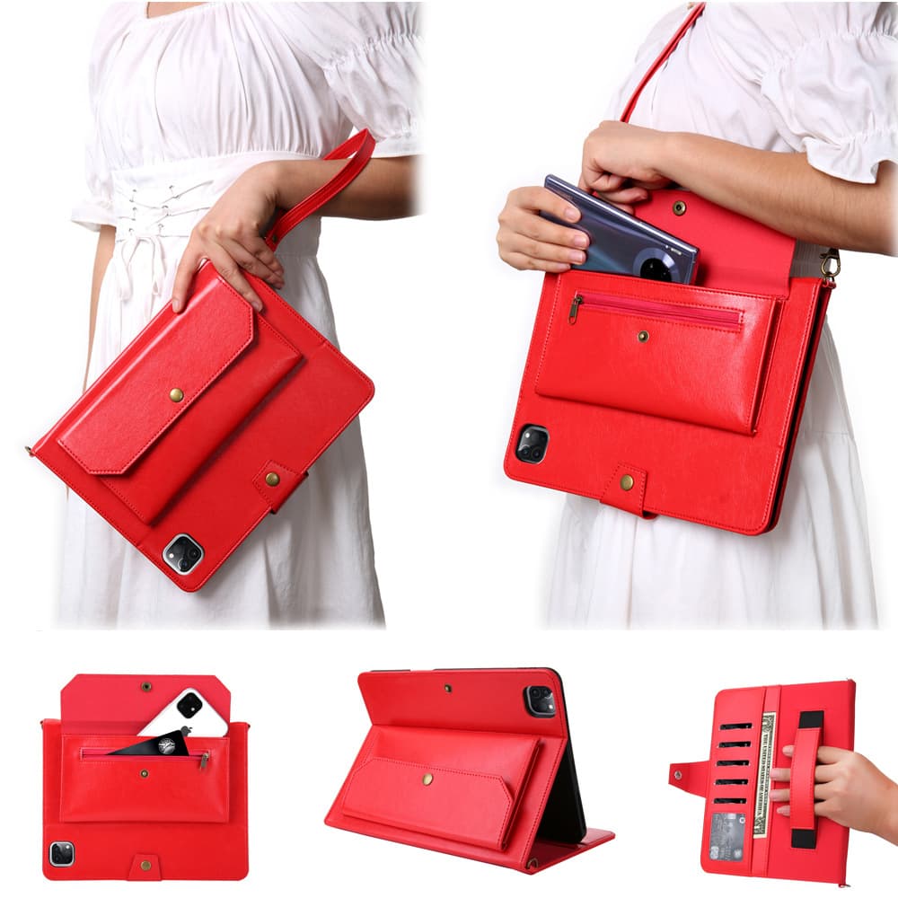Zippered Wallet Shoulder Bag for iPad Pro 12.9, Tablet Case with Hand Strap and Card Slots, iPad 2020 Protective Cover