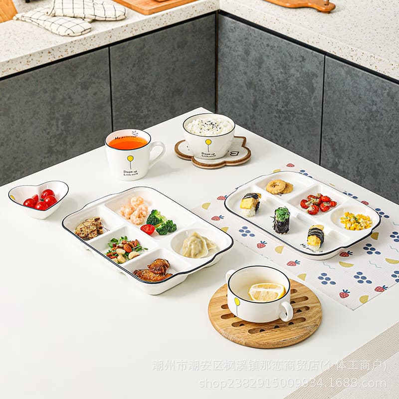 Ceramic Divided Portion Control Plate, Five-Compartment Breakfast Plate for Weight Loss, Deepened Dinnerware for Adults, Postpartum Meal Plate, Premium Home Plate