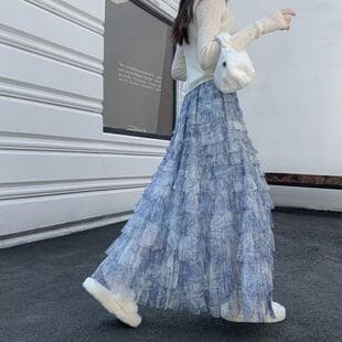 Plus Size 2026 Autumn Winter Blue Tie-Dye Full Mesh Half Skirt, Women's Summer Cake Skirt, Long Skirt, Puffy Skirt