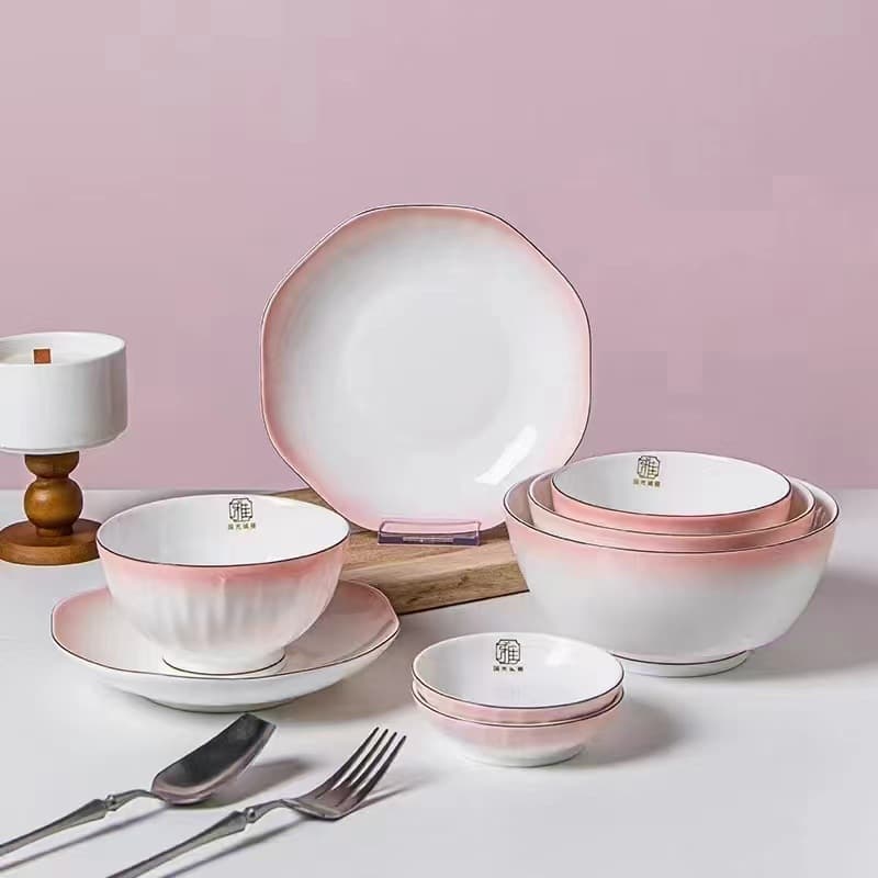 Yubaofang bowls and plates household set pink rice bowl household ceramic dishes tableware bowls and plates set soup bowl