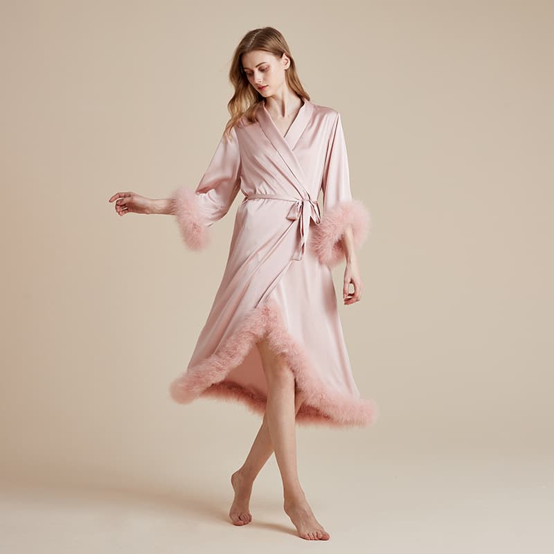 Beinvmon 2025 Spring New French Premium Ice Silk Pure Desire Style Detachable Feather Morning Robe with Cuffs and Hem