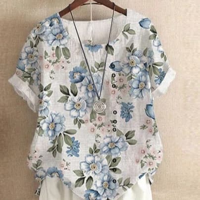 2023 Summer Amazon AliExpress Retro Cotton Linen Fashion Print Loose Casual Short Sleeve T-Shirt for Women