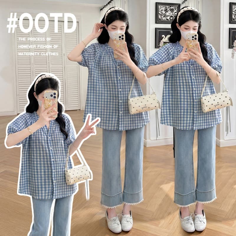 Maternity Wear 2026 Summer New Korean Style Short Sleeve Plaid Casual Shirt for Pregnant Women
