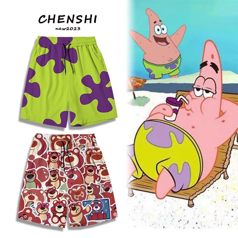 SpongeBob SquarePants Style Shorts for Men Summer Loose Sleep Shorts Strawberry Bear Casual Five-Point Pants Couple Beach Shorts