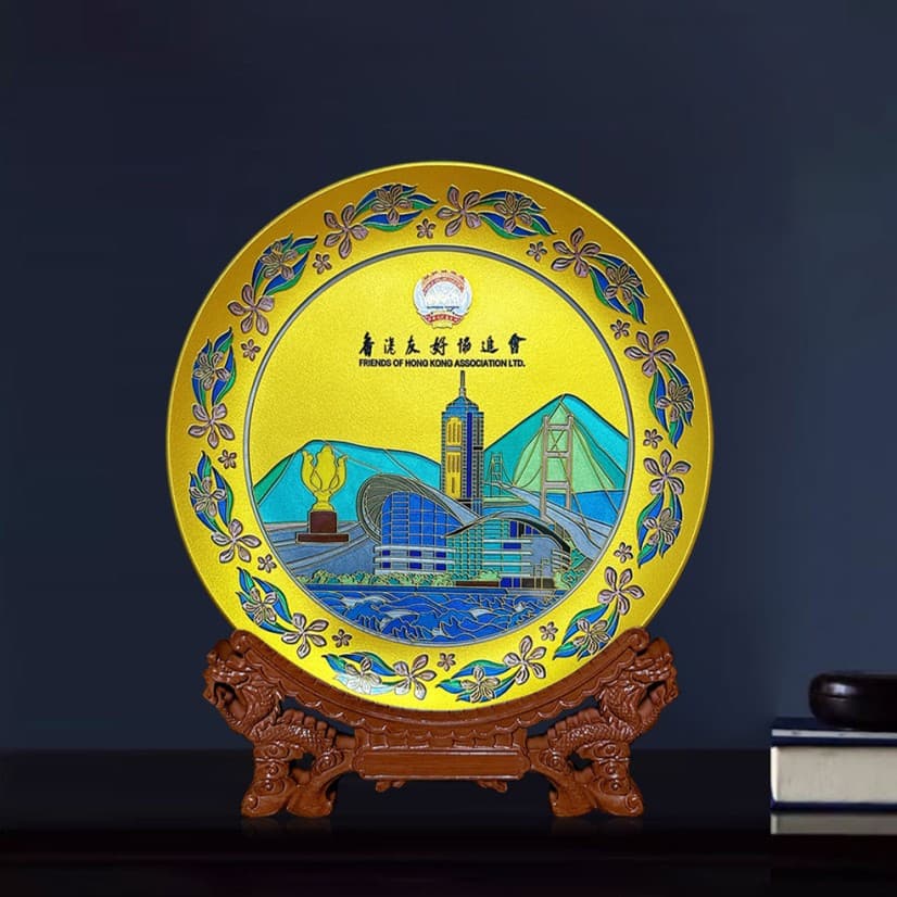 Baifu Ten-Year Manufacturer Hong Kong Cityscape Cultural Tourism Commemorative Plate, Crystal Carving Corporate Culture Hand-Painted Glass Display Plate