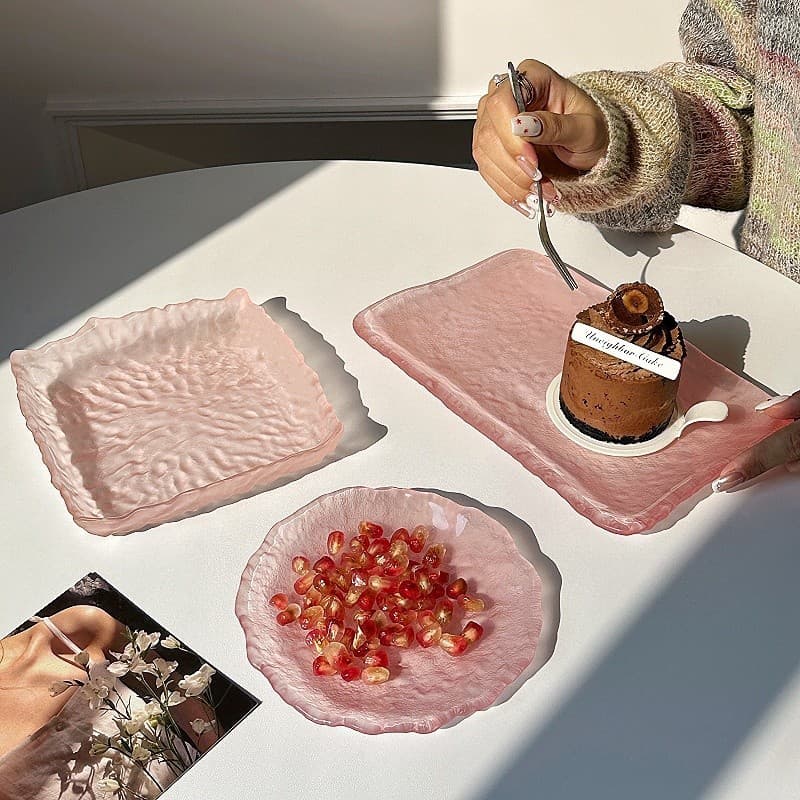 Japanese irregular glass plate rectangular tray round dessert flat plate creative tableware cooking plate sushi plate