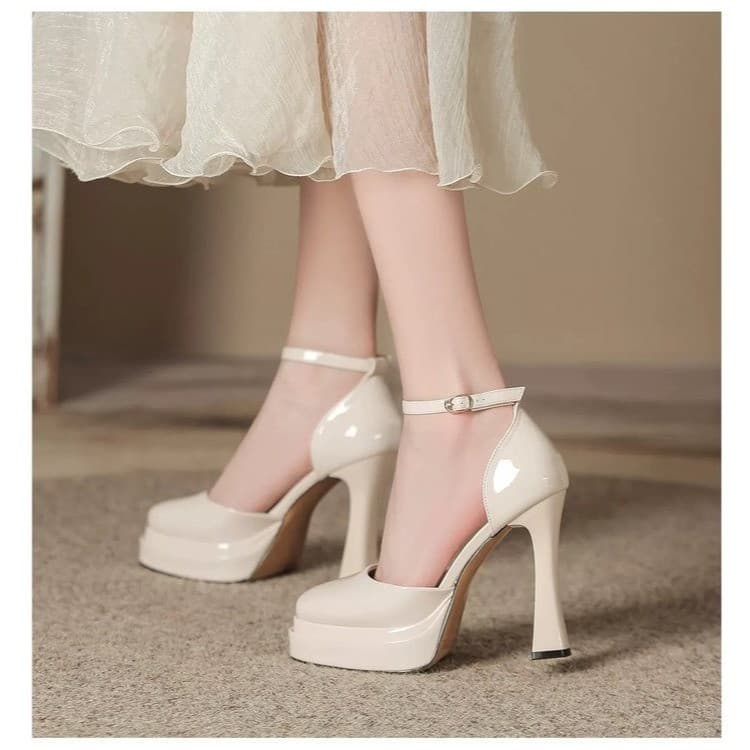 French Mary Jane High Heel Wedding Shoes with Platform, Sexy Ultra-High Heel Barbie Shoes, Semi-Toe Open-Toe Sandals for Petite Women