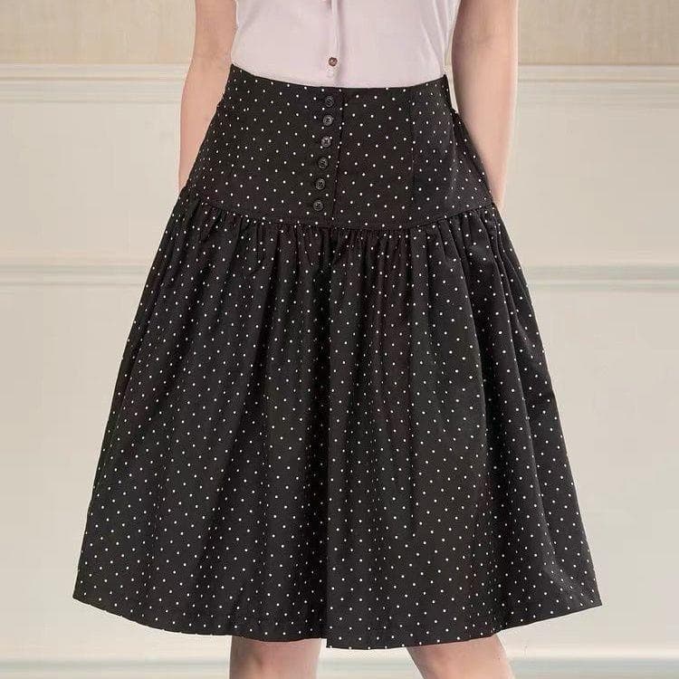 Polka Dot Midi Skirt Korean Retro College Style Button Design Patchwork Lady Style Spring and Autumn New Slimming