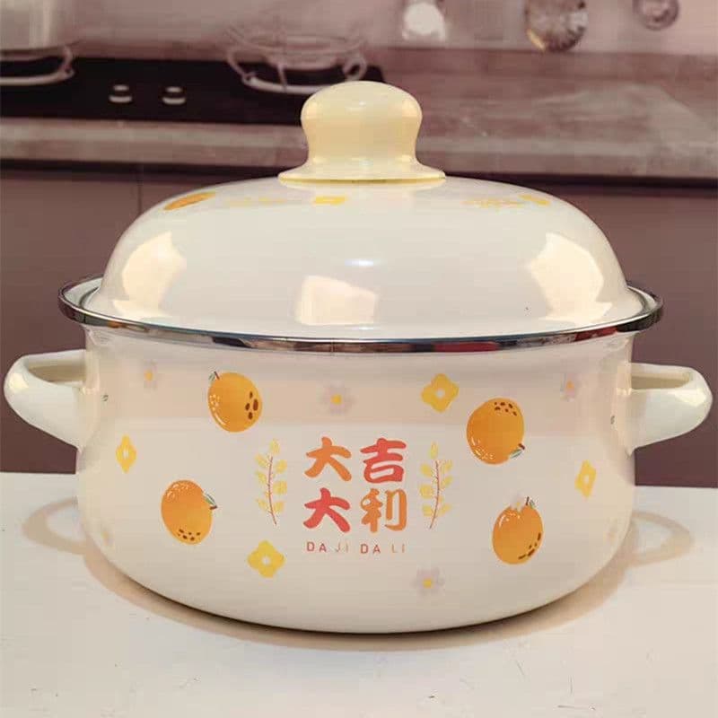 Thickened 16-24cm 3-Piece Enamel Pot Set with Double Handles and Lid, Enamel Stew Pot, Soup Pot, Instant Noodle Pot, Small Hot Pot
