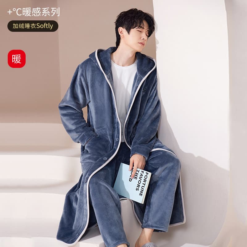 Men's Winter Coral Fleece Thickened Long Bathrobe Pajamas Homewear