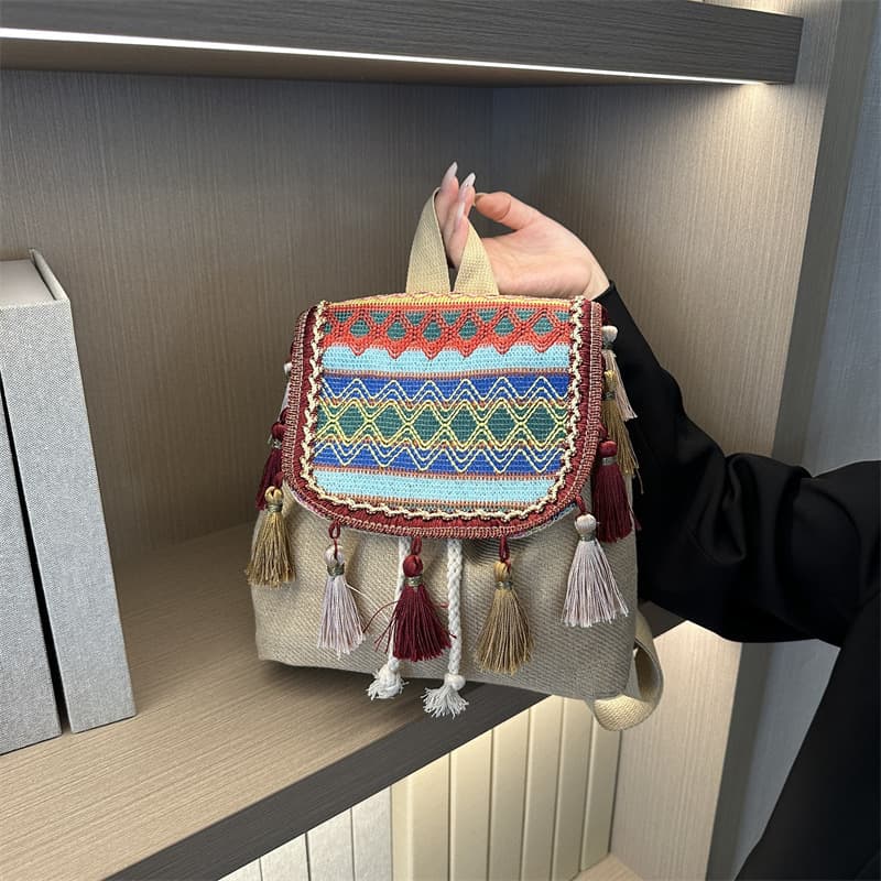 Tassel Embroidered Ethnic Style Backpack for Women 2026 New Fashion Simple Backpack