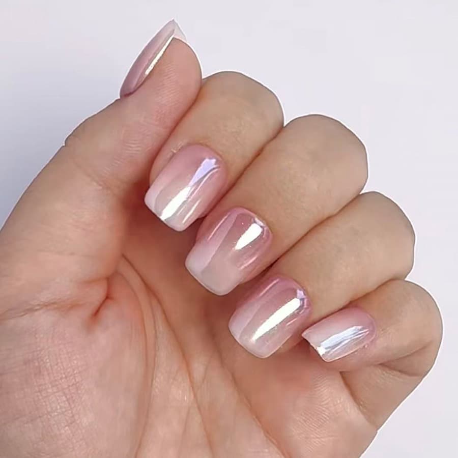 Short Glossy Square Nails European and American Cross-Border Export Electroplated White Gradient French Pure Desire Normcore Wearable Nails 24 Pieces