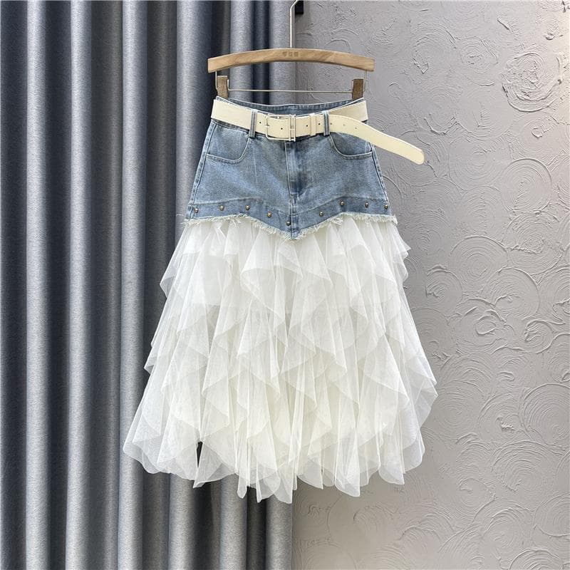 Design Mesh Patchwork Denim Skirt for Women Spring Fashionable High-Waist Slimming Versatile Midi Skirt