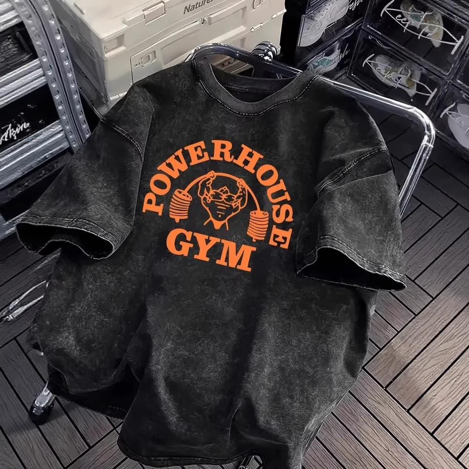 Cross-Border European Size Vintage Washed Gorilla World Gym Print Pure Cotton Unisex T-Shirt Summer and Autumn Sports Wholesale