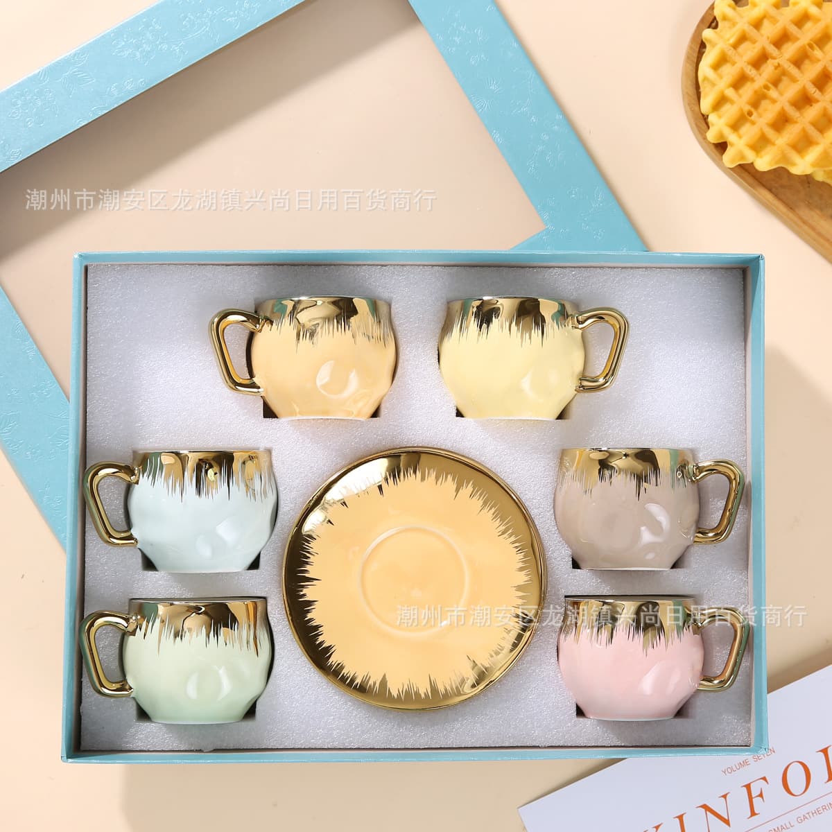 Creative color glazed cup and saucer set cross-border European ceramic coffee cup and saucer export foreign trade six cups and six saucers to Saudi Arabia and the Middle East