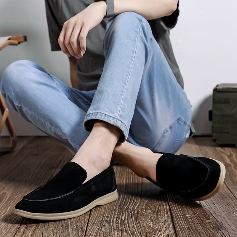 Business Casual Men's Shoes Autumn Black Leather Slip-On Loafers Round Toe Low Heel Deep Mouth Ultra-Fiber Upgraded Version