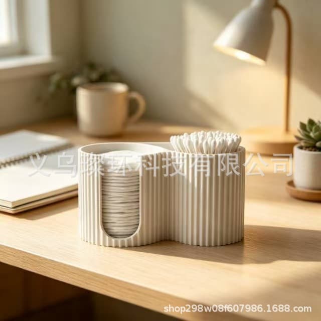3D Printed Cosmetic Cotton Swab Organizer Cross-border Bestseller Minimalist Striped Makeup Storage Box for Vanity Desk Decoration