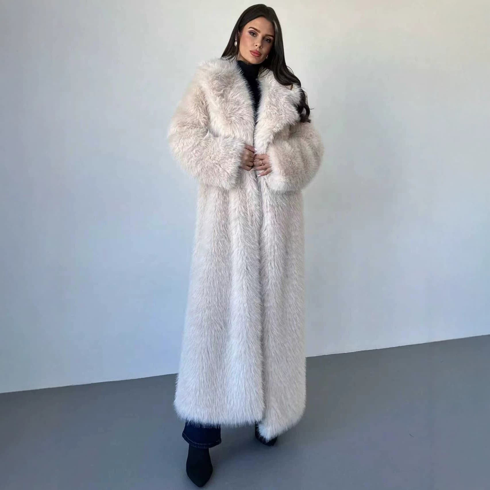 Cross-border Europe and America Gentle White Faux Fur Long Coat Warm Slimming Fashion Commute Essential Thickened