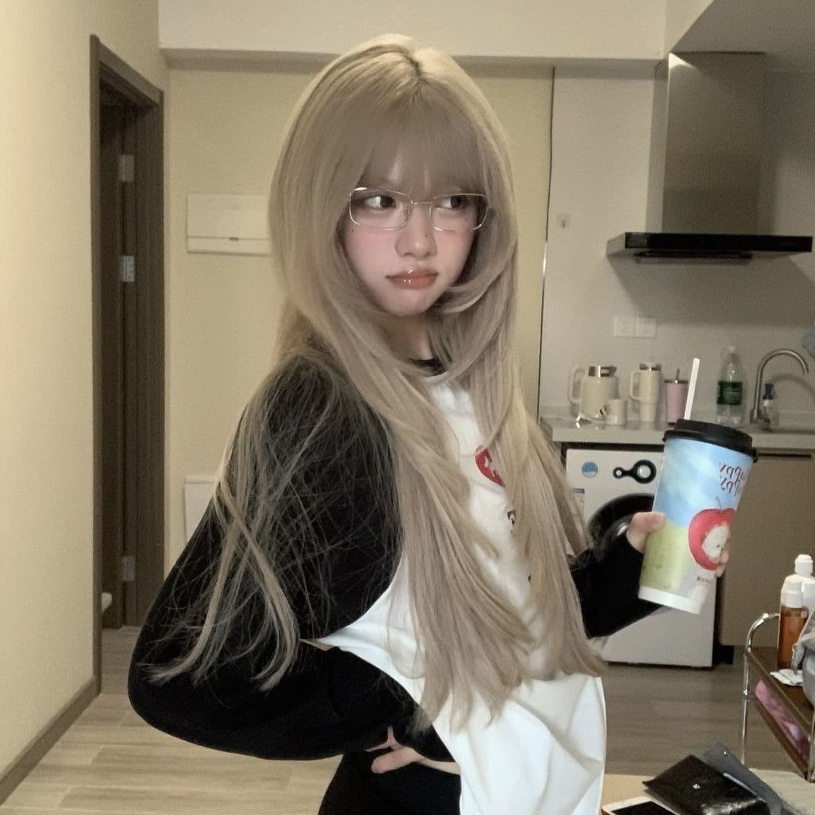 Y2K Trendy Long Straight Wig in Milk Tea Gray Brown, High-Temperature Silk Realistic Full Wig for Women