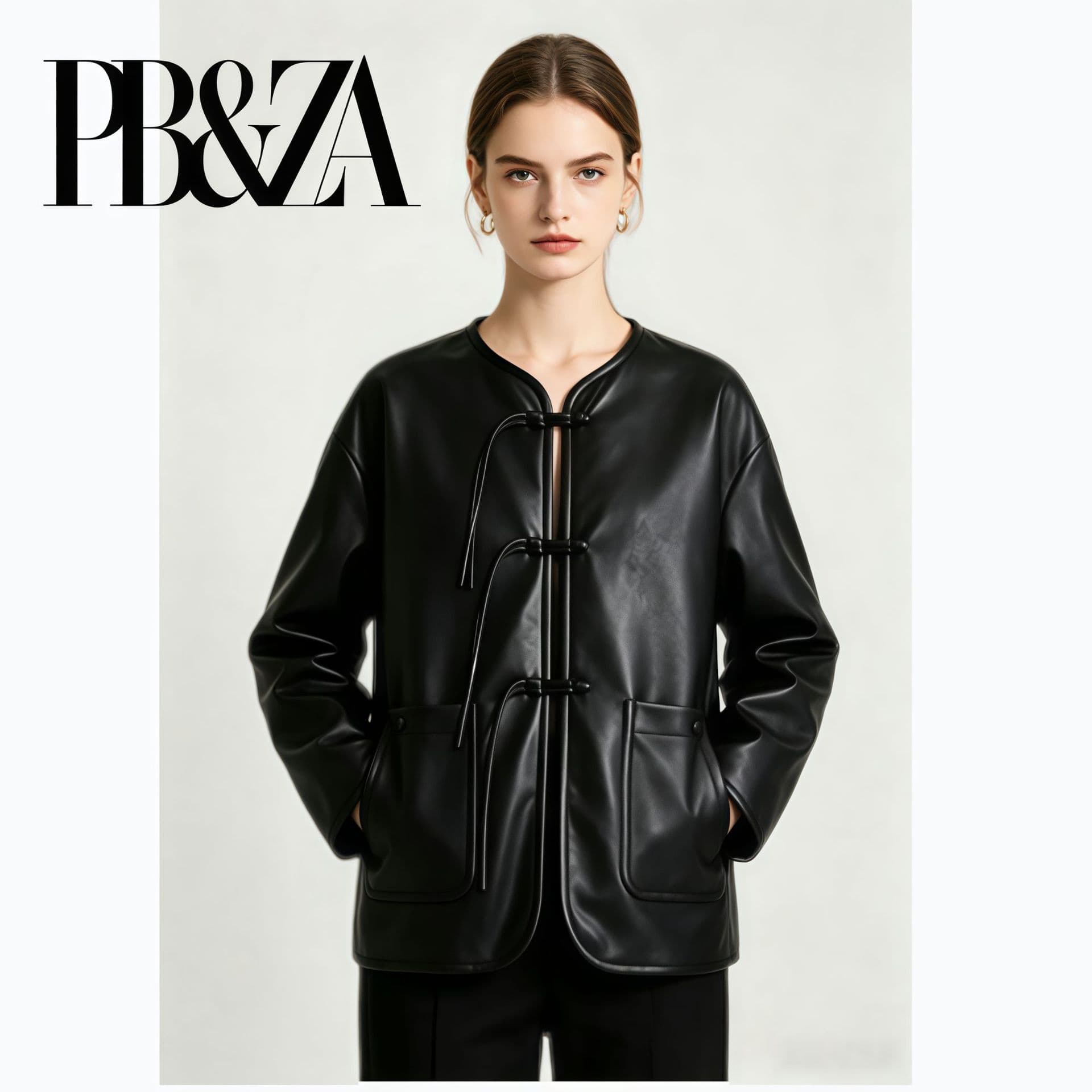 PB&ZA New Chinese Style Black Leather Jacket with Button Knots for Women, Loose Retro Round Neck PU Leather Jacket, National Style Commute Top