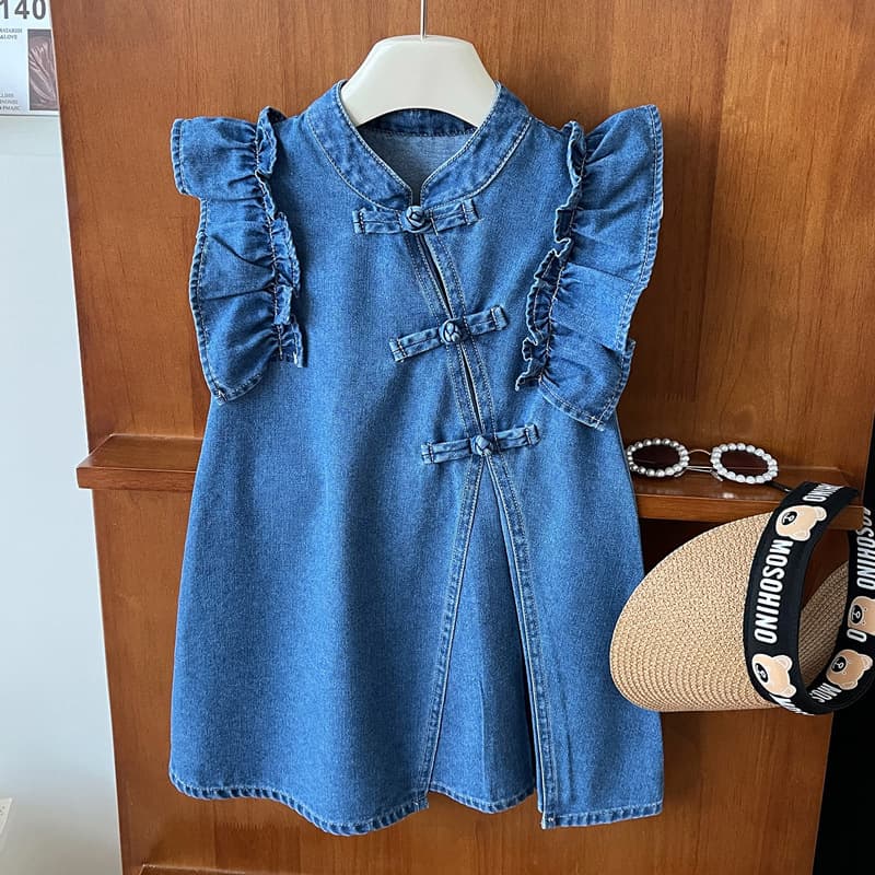 Girls' Dress 2026 Summer New Chinese-Style Button Princess Dress Children's Sleeveless Soft Denim Vest Dress
