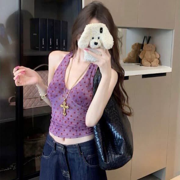 New Summer Spicy Girl Style Polka Dot Backless V-Neck Halter Camisole Top Women Sleeveless Slim Fit Waist Short Top