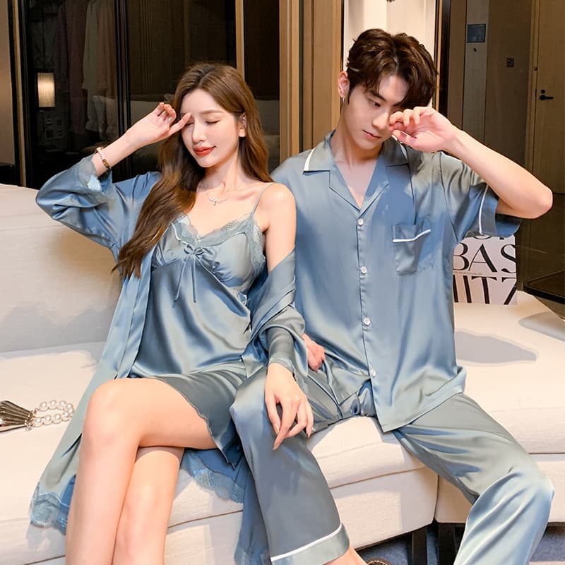2023 Spring and Summer New Silk Couple Pajamas Set Women's Nightgown Men's Set Comfortable Casual Home Clothes