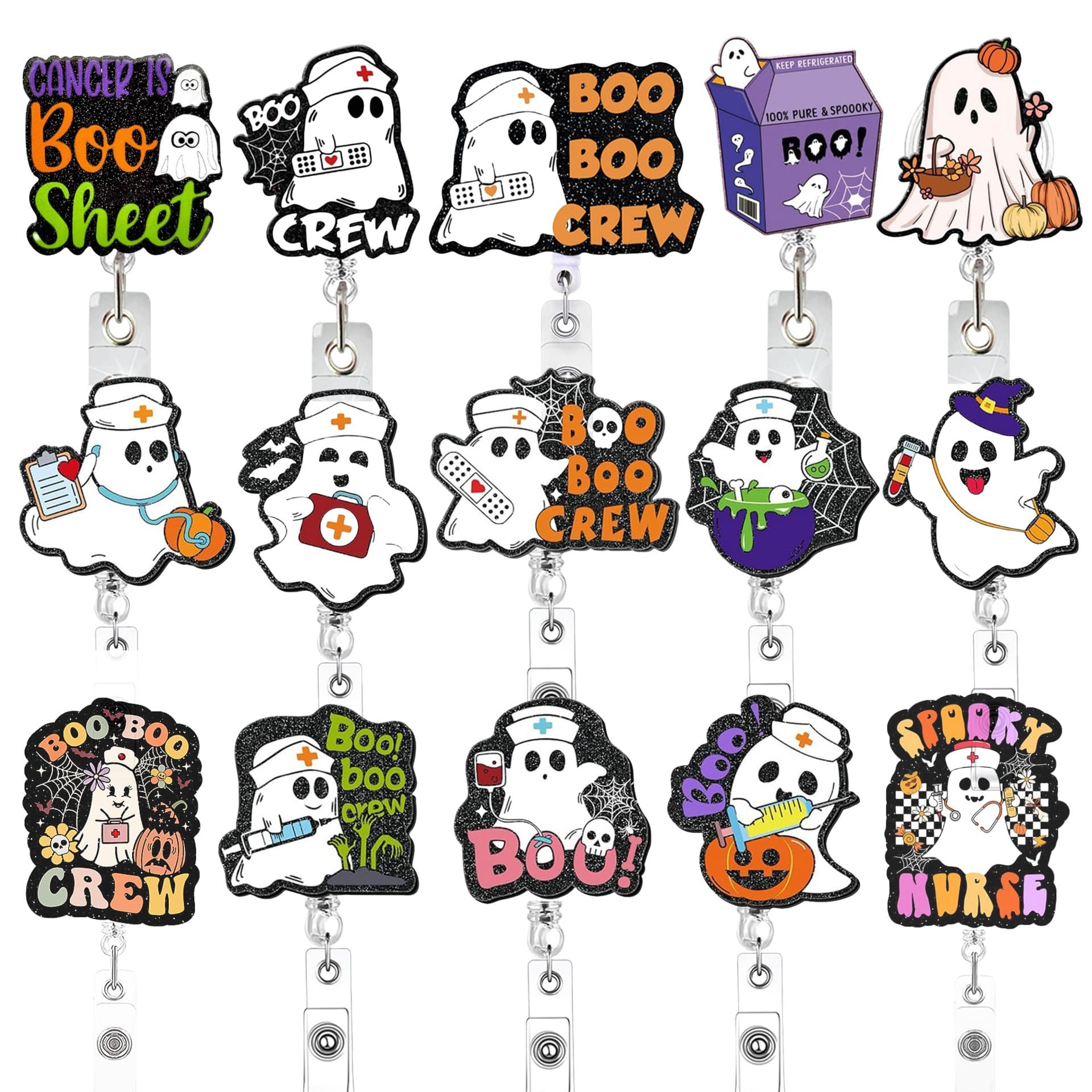 Cross-border Halloween ghost BOOBOOCREW fun acrylic retractable chest card ID badge clip pull-tab