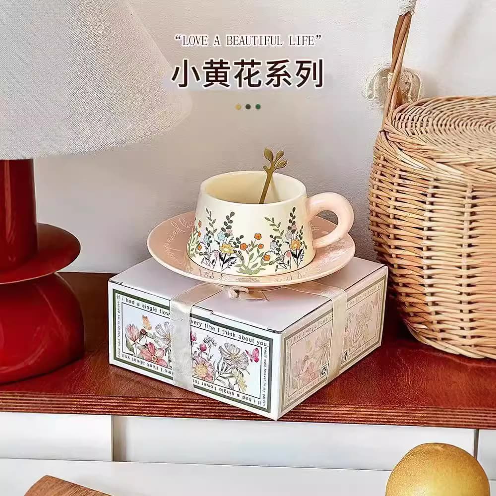 Original Design Small Yellow Flower Coffee Cup and Saucer Set Ceramic Mug Niche Couple Mug Gift for Women