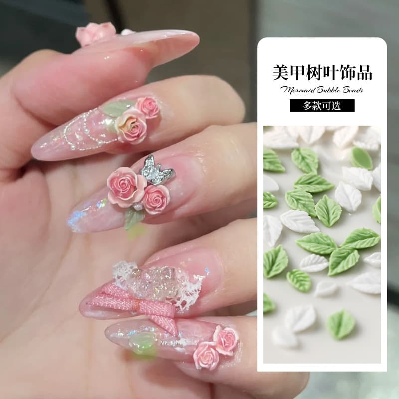 Spring hot style green small leaf nail art jewelry Internet celebrity three-dimensional resin fresh simulated small leaf nail art jewelry
