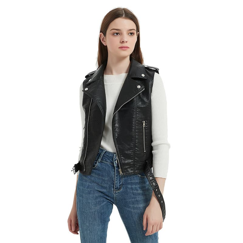 Women's Wholesale European and American Solid Slim Short Motorcycle Vest with Turn-down Collar, Belt, Zipper, Commuter PU Leather Vest