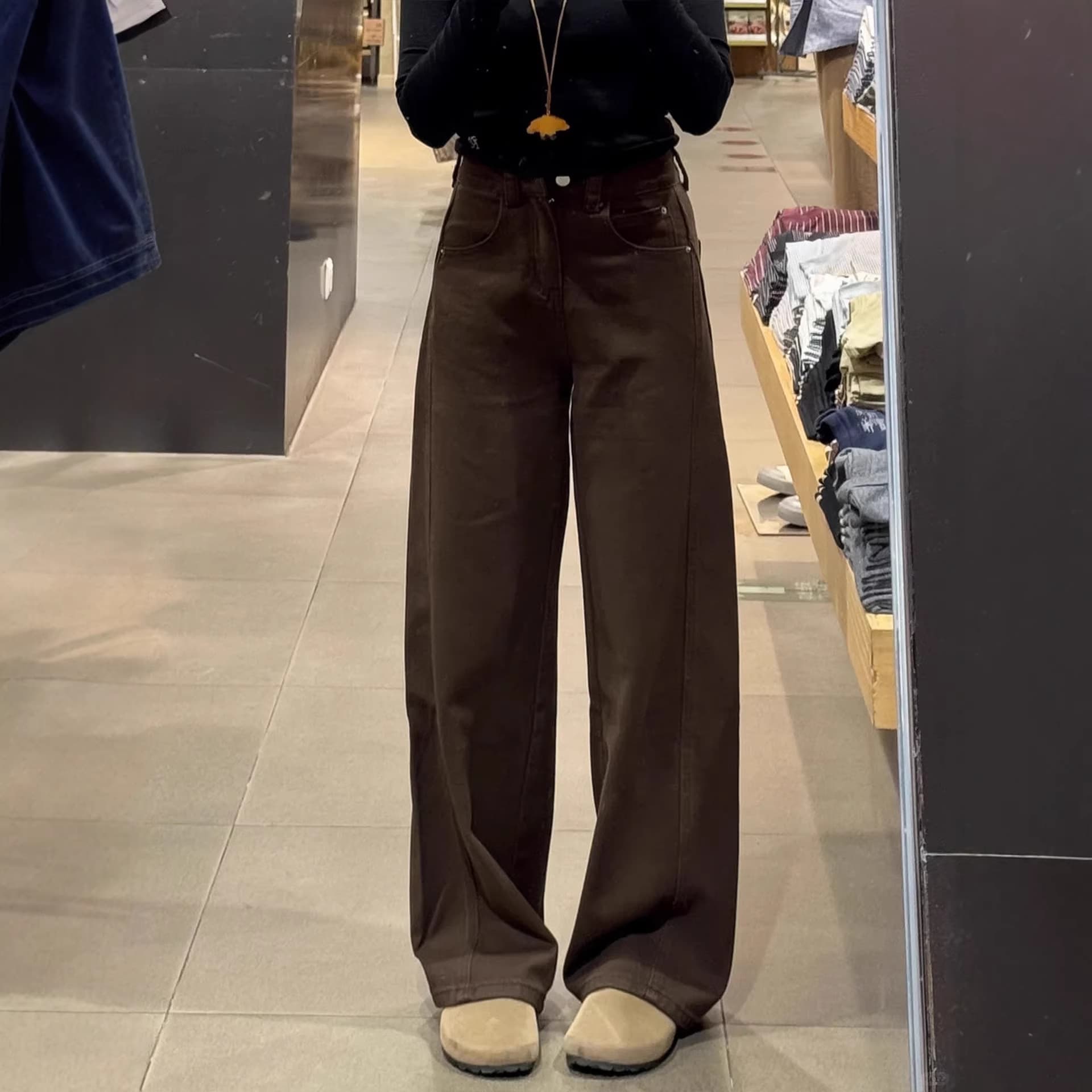 [Hanniu] Brown brown wide-leg jeans for women, thickened with velvet, loose and slimming, straight-leg jeans for women with pear shape