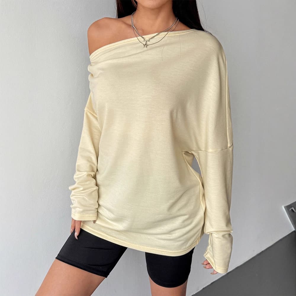 AD683 European and American cross-border autumn new women's T-shirt casual fashion slope collar loose women's knitted long-sleeved top