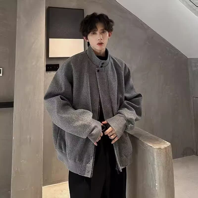 American Style Gray Stand Collar Wool Coat Men's Autumn Winter Edgy Woolen Overcoat Short Korean Loose Fit Suit Jacket