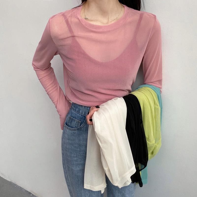 Slim Fit Long Sleeve Sun Protection Shirt Women Summer Elegant Mesh Bottoming Shirt Ice Silk Inner Wear T-shirt