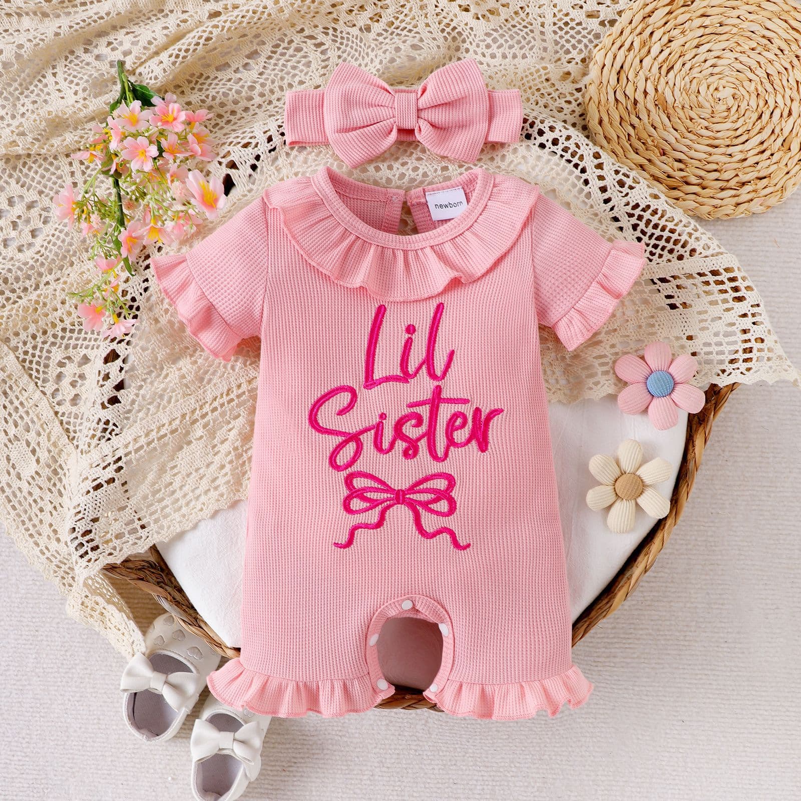 Baby Girl Fresh Pink Romper Waffle Ruffle Short Sleeve Bodysuit Bow Headband Infant Summer