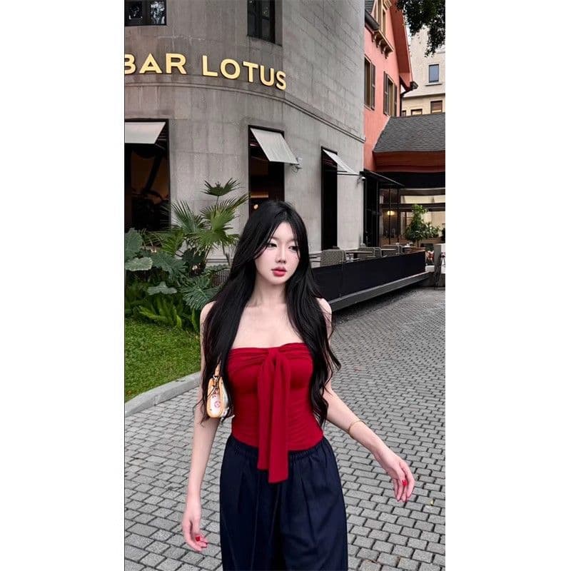 Pure Desire Bow Tie Strapless Sleeveless Vest Top for Women 2025 Summer New Sexy Fitted Short Outerwear