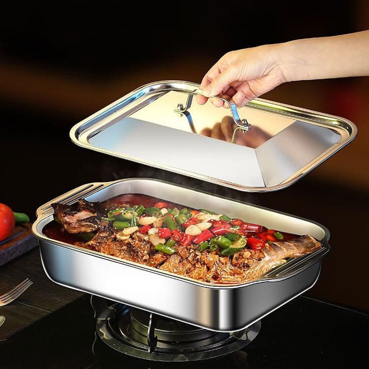 Stainless Steel Fish Roasting Pan, Rectangular Household Deep Pan, Commercial Tray, Roasting Pan for Induction Cooker, Non-Stick Pan