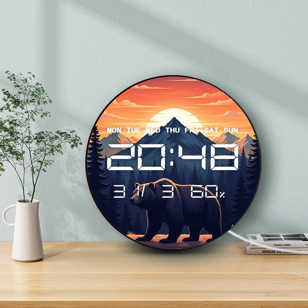 Orange-red sunset brown bear mountain wild wall clock electronic multi-functional home clock temperature humidity silent wall clock