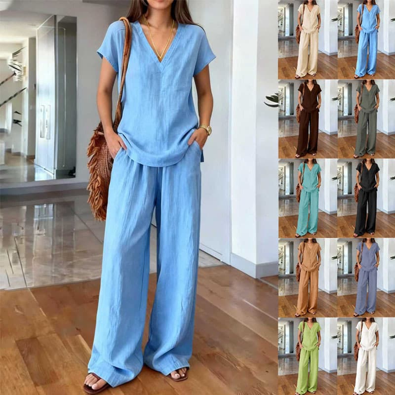 Women's Breathable Casual Suit, V-Neck Loose Wide-Leg Pants, Slimming Solid Color Short-Sleeve Long Pants Two-Piece Set