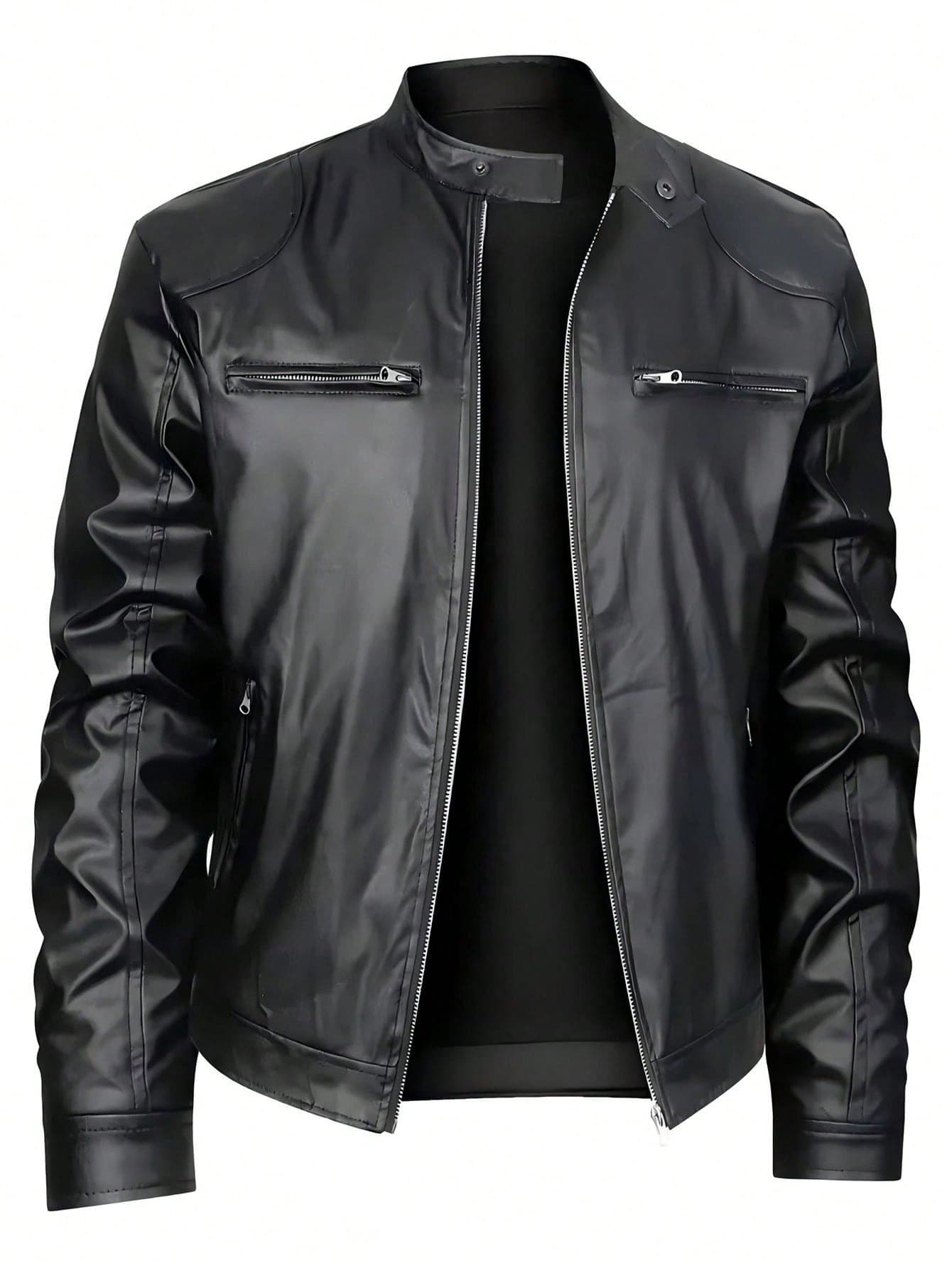 Cross-Border Men's Stand Collar PU Leather Jacket Slim Fit Motorcycle Jacket Casual Coat Light Business Formal Jacket