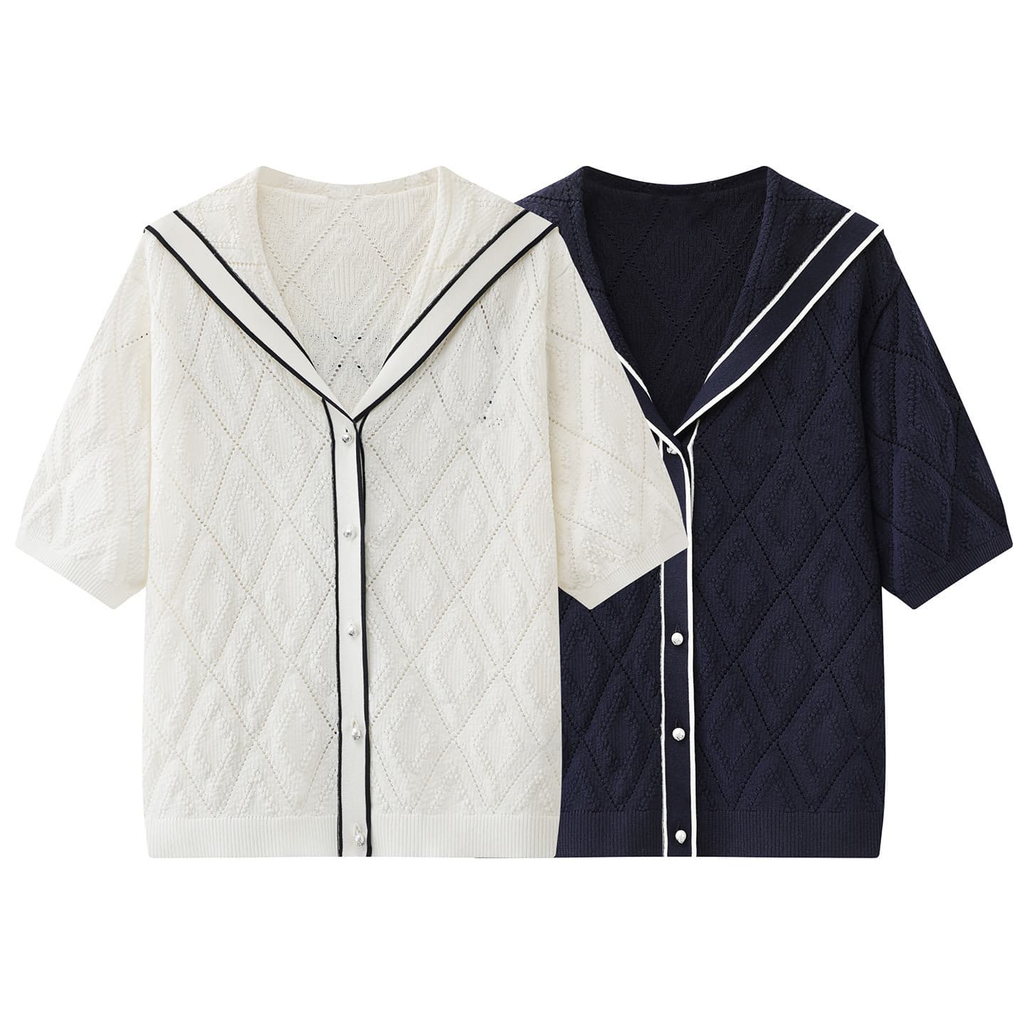 In Stock 2026 Summer Women's New Sweet Youth Navy Collar Contrast Color Short Sleeve School Style Knit Cardigan 3K2YE14