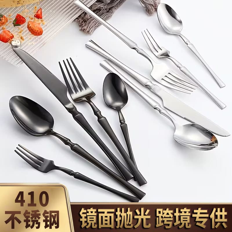 Cross-border 410 small waisted tableware, knife, fork and spoon, high-end light luxury hammer pattern tree pattern small waisted Western food knife, fork and spoon set
