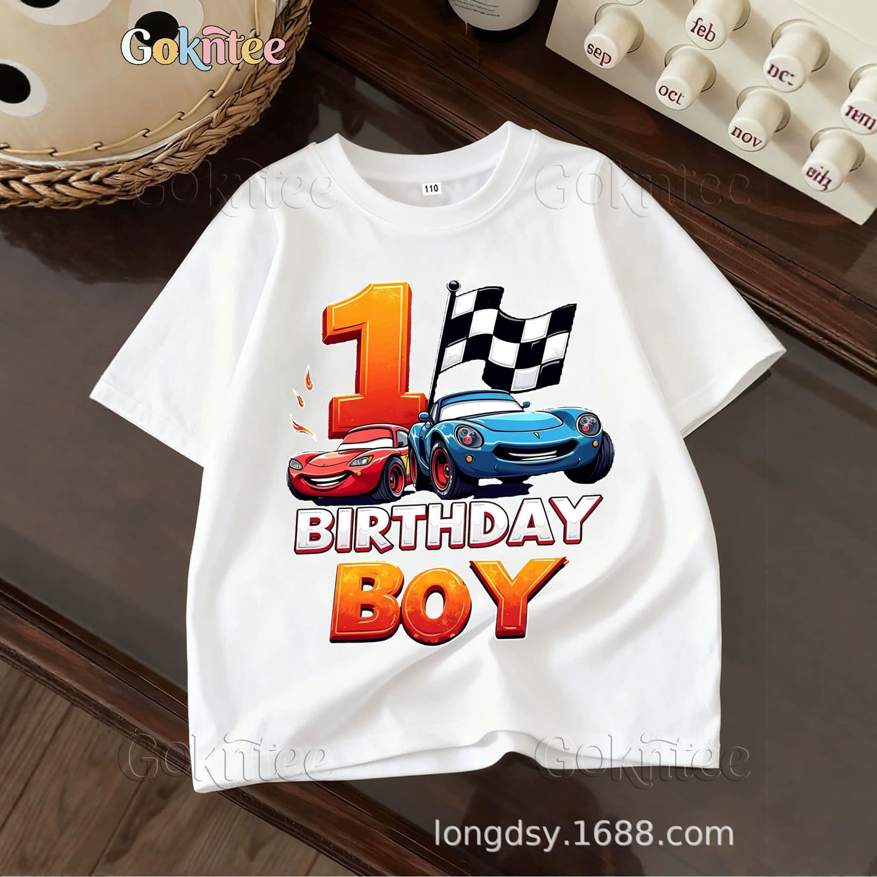 Cross-Border Boys' First Birthday T-Shirt with Off-Road Motorcycle Racing Flag Print, Children's Birthday Commemorative Short-Sleeve Top
