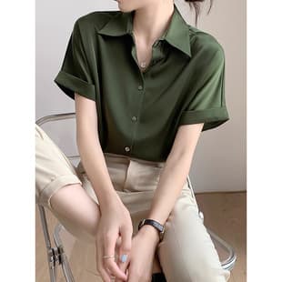 Wholesale Matcha Green Satin Blouse for Women Vintage Fashion Short Sleeve Office Shirt Solid Color